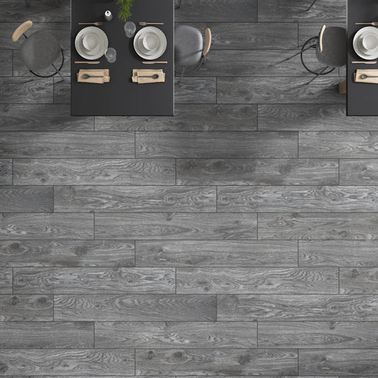 Habana Black Wood Effect Porcelain Wall & Floor Tile 20 x 120 (cm)